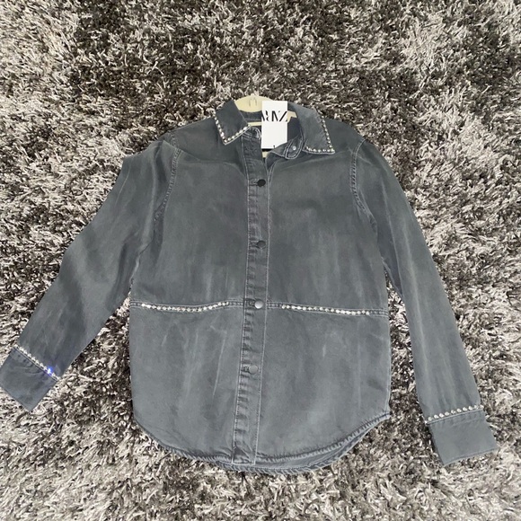 Zara grey denim Button Down Shirt with crystal - Picture 1 of 4